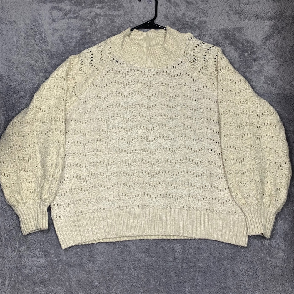 Time and Tru Sweater Womens XL Beige Gold Metallic Pointelle Mock Neck Pullover